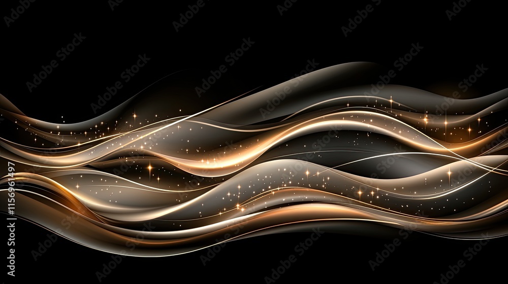 Poster dynamic gold wave lines with glowing effects create an elegant abstract presentation design against 