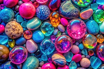Vibrant 8K pointillism: pink, green, blue resin and glass pebbles in long exposure.