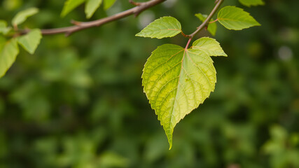 A fresh green leaf falling  from a branch, photograph