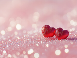 Fototapeta premium Glittery red hearts on a sparkling pink surface, perfect for Valentine's Day themes
