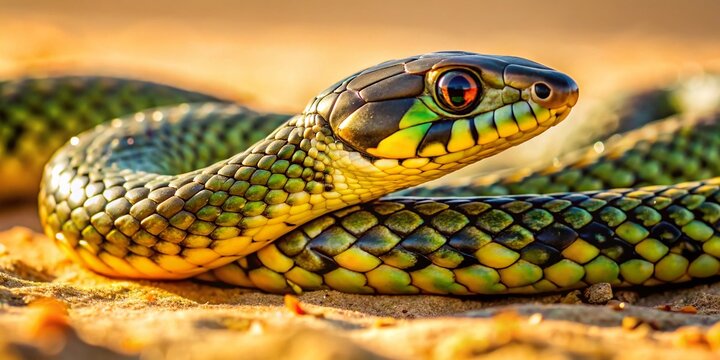 Macro Photography: Grass Snake on Sandy Beach, Reptile Detail Close-up