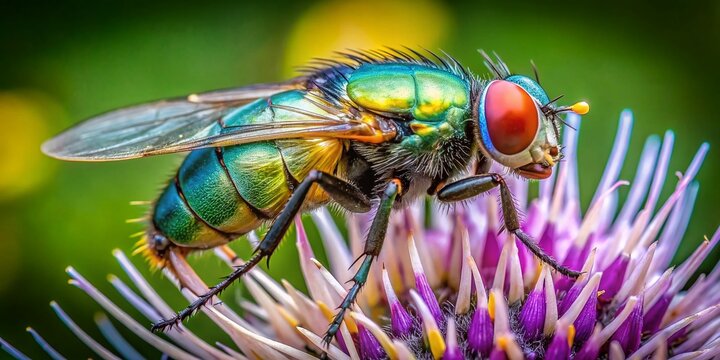 Macro Photography:  Phasia hemiptera Fly on a Thistle Flower Close-Up