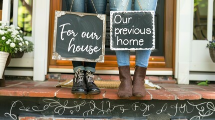 Fototapeta na wymiar High resolution photography of two people standing on the front steps of their new home, feet and legs visible from behind. Next to it is an open sign in chalk.