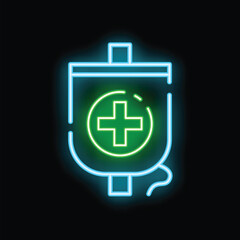 Bright neon icon of an iv bag glowing on a dark background, representing healthcare and medical treatment
