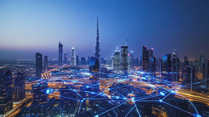 Fototapeta premium Smart digital Innovation city with connection network reciprocity over the cityscape. of future smart wireless digital city and social media networking systems that connects people with in city