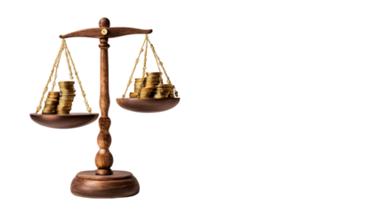 balancing stacks of coins on a wooden scale isolated on white background. 