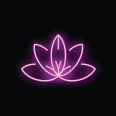 Glowing purple neon sign in the shape of a lotus flower is isolated on a black background