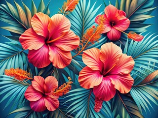 Obraz premium Tropical Hibiscus Floral Seamless Pattern, Pink Flower Orange Palm Leaves Blue Background, Exotic Jungle Wallpaper