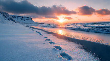 Photography of faint, winding footprints on a snow-covered beach, with icy waves lapping at the shoreline and a dramatic winter sky overhead.