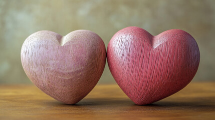 Fototapeta premium Rustic pink wooden hearts side by side on a warm background, symbolizing love and Valentine's Day