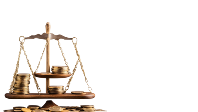 Symbolic Representation of Wealth Balance: Coins on Wooden Scale with White Background