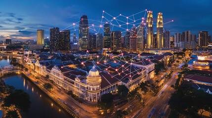 Fototapeta premium Smart digital Innovation city with connection network reciprocity over the cityscape. of future smart wireless digital city and social media networking systems that connects people with in city