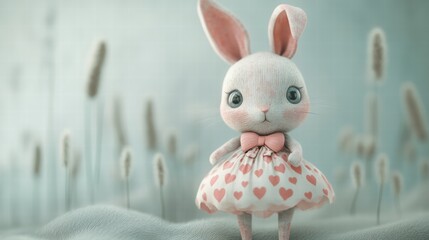 Adorable handcrafted bunny doll in a dreamy pastel setting