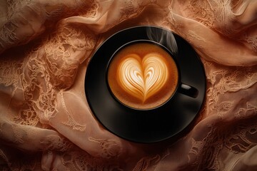 Warm latte on peach fabric with intricate patterns