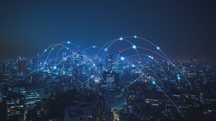 Smart digital Innovation city with connection network reciprocity over the cityscape. of future smart wireless digital city and social media networking systems that connects people with in city