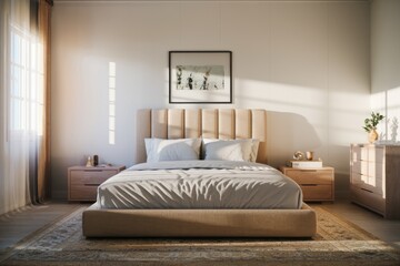 Sunlit minimalist bedroom with beige upholstered bed, wooden nightstands, and a muted artwork above.