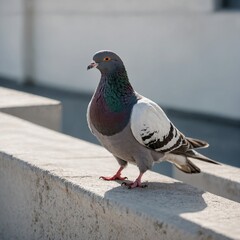 A beautiful pigeon standing on a white ledge, feathers gently blowing in the breeze.