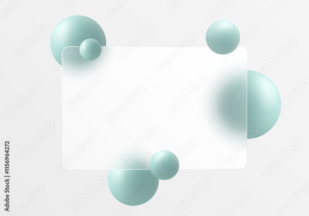 Poster glass morphism website landing page template. translucent glass partition with floating spheres.
