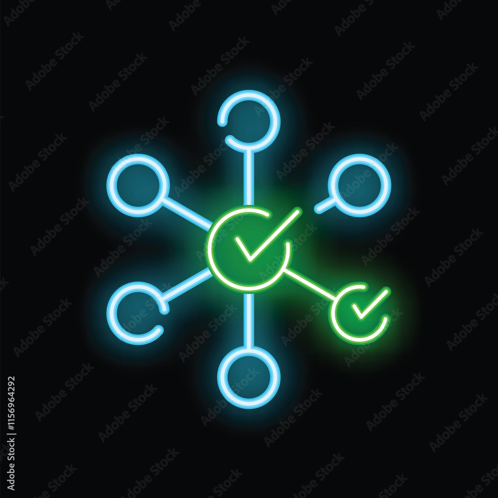 Poster neon style network validation icon glowing on a black background