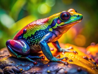 Fototapeta premium Surreal Poison Frog Close Up, Gooey Toxic Amphibian, Psychedelic Reptile, Vibrant Colorful Frog, Macro Photography