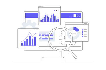 Business data analytics design concept. Finance investment monitor report dashboard. Flat Cartoon Vector Illustration, icon. Stylish abstract Blue 