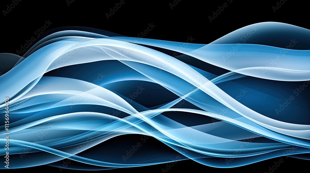 Poster soft blue waves flow gracefully over a dark backdrop, showcasing a minimalistic and elegant style wi