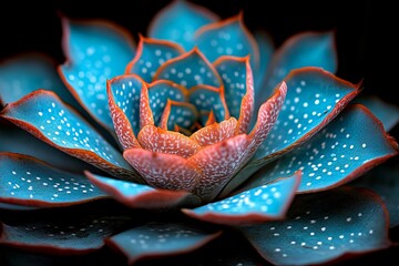A close up of a blue and red flower on a black background