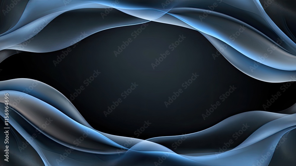 Poster soft blue waves flow gracefully over a dark backdrop, showcasing a minimalistic and elegant style wi
