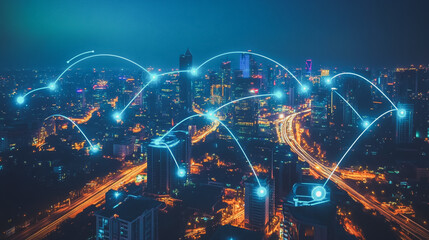 Fototapeta premium Smart digital Innovation city with connection network reciprocity over the cityscape. of future smart wireless digital city and social media networking systems that connects people with in city