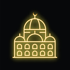 Bright neon icon of a mosque glowing yellow against a dark background