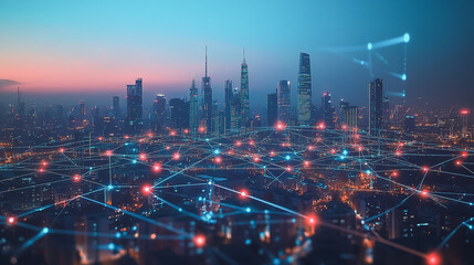 Fototapeta premium Smart digital Innovation city with connection network reciprocity over the cityscape. of future smart wireless digital city and social media networking systems that connects people with in city