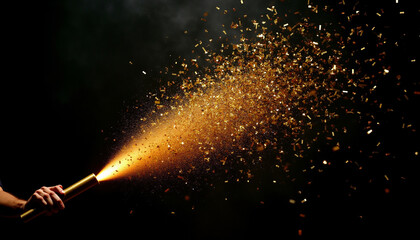 A hand holds a golden confetti cannon  showering sparkling gold against a dark background.