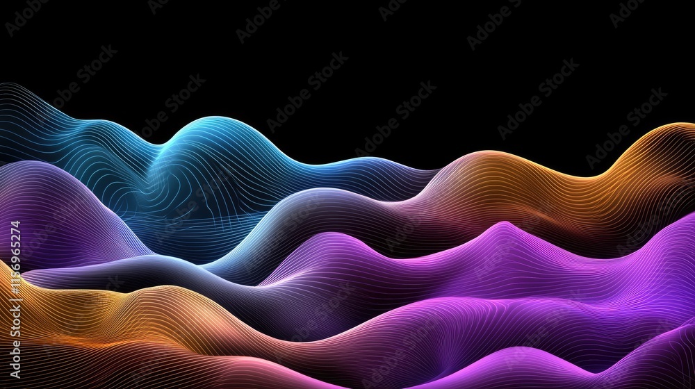 Poster soft blue waves flow gracefully over a dark backdrop, showcasing a minimalistic and elegant style wi