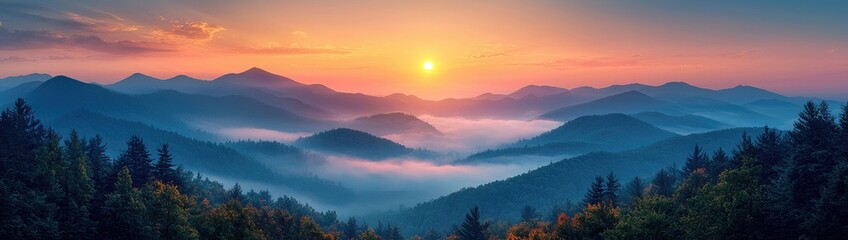 Obraz premium Golden Sunrise Over Misty Mountains: Serenity in Nature