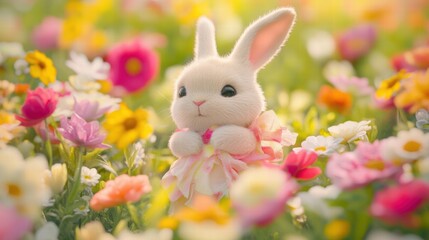 Cute Bunny Surrounded by Colorful Flowers in a Sunny Meadow
