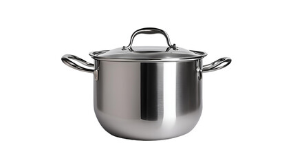 Large stainless steel pot with side handles, ideal for cooking and boiling, isolated on white background 