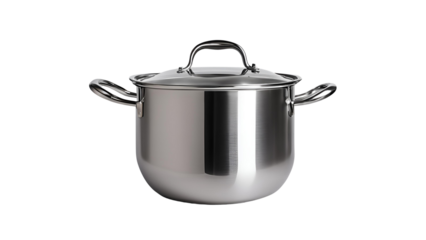 Large stainless steel pot with side handles, ideal for cooking and boiling, isolated on white background 