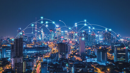 Obraz premium Smart digital Innovation city with connection network reciprocity over the cityscape. of future smart wireless digital city and social media networking systems that connects people with in city