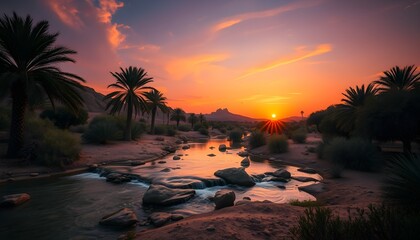 Desert Oasis at Sunset with Stream