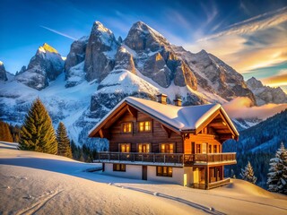 Fototapeta premium Majestic Alpine Chalet with Panoramic Mountain View - Swiss Alps Architecture