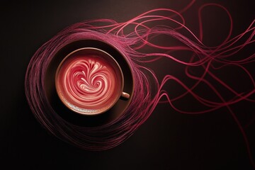 A vibrant coffee cup on a dark background with bold, swirling patterns
