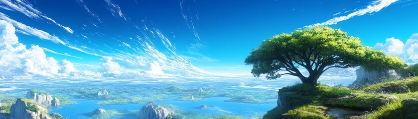 Obraz premium Eye-level angle, vibrant fantasy worlds, lush green landscapes, surreal skies blending with natures beauty, enchanting creatures, a harmonious balance between magic and ecology