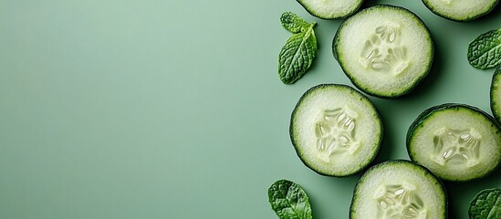 Refreshing Cucumber Slices with Mint Leaves on Green Background