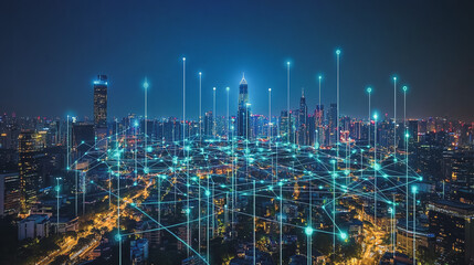 Fototapeta premium Smart digital Innovation city with connection network reciprocity over the cityscape. of future smart wireless digital city and social media networking systems that connects people with in city