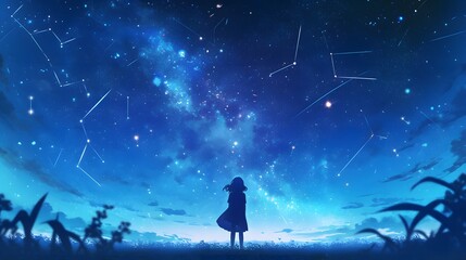 Fototapeta premium Anime character gazing at a starry night sky filled with shimmering constellations