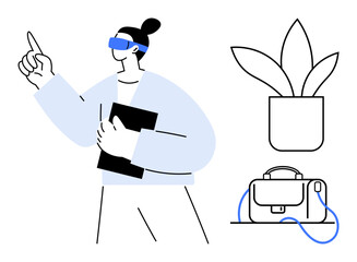 Person pointing upward while holding a tablet, wearing glasses. Potted plant and briefcase with blue handles. Ideal for business, technology, education, office settings, organizational tools, modern