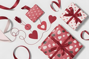 Obraz premium Valentine's Day Gifts with Heart-Wrapped Presents and Ribbons on White Surface, Romantic Theme.