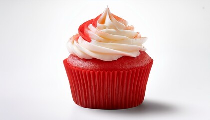 Vibrant red cupcake topped with fluffy white cream frosting, isolated on a white background, perfect for dessert menus and bakery promotions