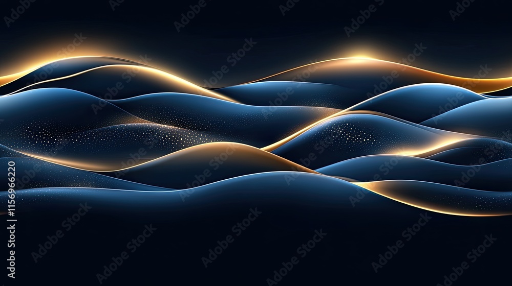 Poster this captivating abstract design features smooth blue waves with luminous highlights, creating a ser