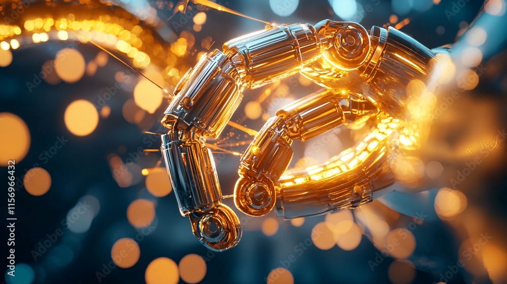 Poster digital product and wealth concept. futuristic robotic hand forming connection with metallic joints 